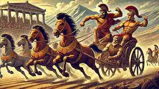 Pelops y el rey Oenomaus compitiendo en una carrera de carros en la antigua Grecia, con una feroz competencia entre ellos.
