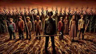 Un grupo de inquietantes niños, armados con hoces y guadañas, se encuentra frente a campos de maíz al atardecer, liderados por un adolescente.