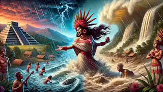 Chalchiuhtlicue desata una inundación, los ríos se desbordan bajo un cielo oscuro.