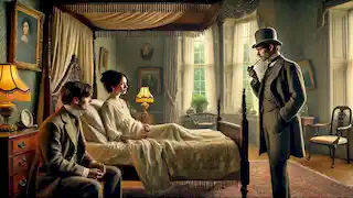 Una Clara Mallory en proceso de recuperación, se encuentra en una lujosa habitación, relatando su historia a Sherlock Holmes y Sir Edward.