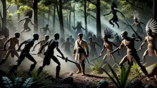 Mixcoatl, sorprendido pero decidido, se encuentra rodeado de enemigos en un bosque oscuro, atrapado en una emboscada.