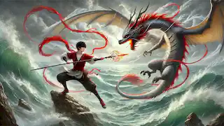 Nezha kämpft am Meer mit seinem Speer gegen Ao Bing, der sich in seine Drachenform verwandelt.