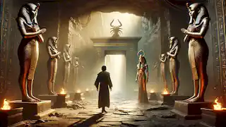 Akhen se arrodilla ante los dioses mientras Anubis presenta su corazón para el Pesaje del Corazón en la Sala de las Dos Verdades.