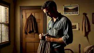 Ennis está de pie en una habitación tranquila, sosteniendo la vieja camisa de Jack, perdido en recuerdos.