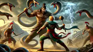 Feraydun y su ejército se preparan para enfrentar a Zahhak en un paisaje montañoso y tormentoso, listos para la batalla.