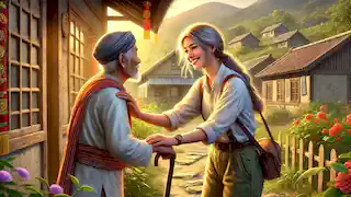 Mulan se reúne con su padre frente a su hogar, ambos sonriendo tras su regreso de la guerra como una heroína.