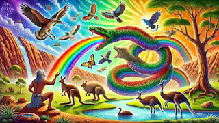 La Serpiente Arcoíris creando animales y pintando el paisaje con colores vibrantes en un antiguo contexto australiano.