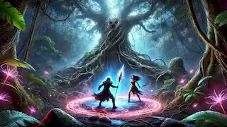 Maia se enfrenta a una figura sombría junto a un resplandeciente estanque de cristal, bajo un antiguo árbol de ceiba en la mágica Amazonía.