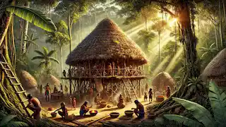 Aldeia Yanomami com um shabono tradicional, pessoas envolvidas em atividades diárias, cercadas pela selva.
