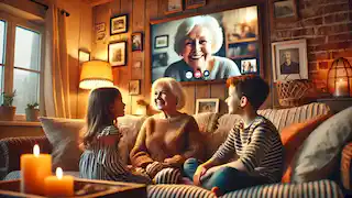 Los niños comparten la historia del Hilo Invisible con su abuela a través de una videollamada.