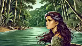 Yara, con cabello y ojos marrones, es atraída hacia el río por sus celosos hermanos en la densa selva amazónica.
