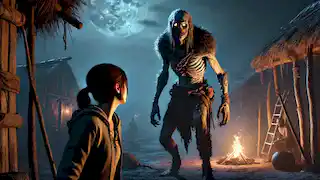 Leona se encuentra con el Skinwalker cerca de su aldea, su forma distorsionada permaneciendo en las sombras mientras ella se queda paralizada de miedo.