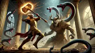 Fereydun se enfrenta a Zahhak en una gran sala, donde las chispas vuelan al chocar sus armas.