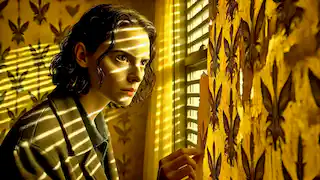 A mulher observa intensamente o papel de parede amarelo descascando, seu rosto demonstrando preocupação e obsessão.