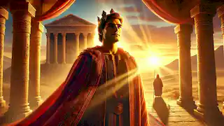 El rey Rostam emerge del templo al amanecer, bañado en luz dorada, simbolizando un nuevo comienzo y paz interior.