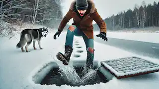 El hombre se adentra en el agua helada oculta bajo la nieve, mientras el husky observa desde cerca, rodeado por un paisaje cubierto de nieve.