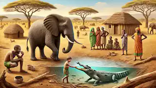 El elefante y el cocodrilo ayudan a los aldeanos proporcionándoles agua y enseñándoles técnicas de pesca.