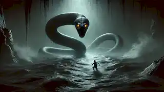 Li se enfrenta a una anguila gigante en las sombrías profundidades del río, esquivando por un estrecho margen su ataque en un momento de gran tensión.