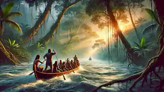 Ana et les villageois pagaient dans leur canoe à travers la dense jungle amazonienne à l'aube, déterminés à briser la malédiction.