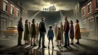Un grupo de adultos se encuentra en círculo bajo un cielo tormentoso, preparándose para un último enfrentamiento en Derry.
