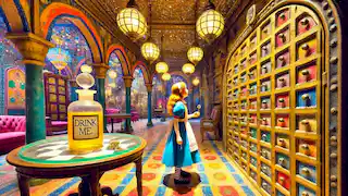 Alice se tenait dans une salle, entourée d'une rangée de portes verrouillées, tenant une petite clé en or. À ses côtés, une table en verre ornée d'une bouteille étiquetée