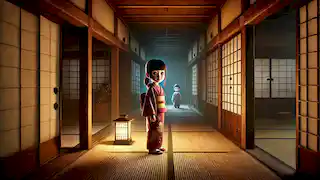 Aiko en un pasillo débilmente iluminado, mirando con curiosidad el tenue contorno del Zashiki-warashi.