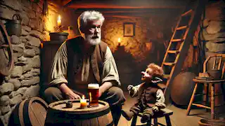 Seamus McLeary sorprendiendo a Fergal O’Conor bebiendo cerveza dentro de su acogedora cabaña iluminada por velas.