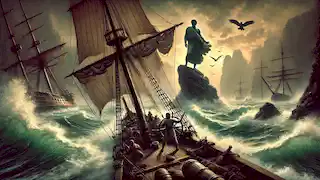 Callisto aleja su barco de las costas rocosas mientras las olas turbulentas chocan, con la Sirena Silenciosa observando desde un acantilado.
