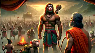 Hanuman se presenta ante Rama y su ejército, preparado para embarcarse en su travesía en busca de la hierba Sanjeevani.