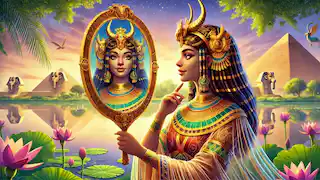 Hathor mirando en un espejo mágico junto al Nilo, rodeada de exuberante vegetación y flores de loto.