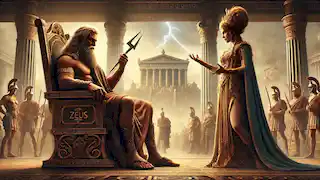 Zeus se sienta en su trono sosteniendo un rayo mientras discute con Hera durante la Guerra de Troya, con otros dioses observando.