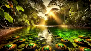 La laguna sagrada en la selva amazónica, con los rayos del sol filtrándose a través de los árboles y los Muiraquitãs brillando en la superficie del agua.