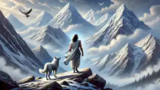 Yudhishthira subiendo por los Himalayas con un perro leal a su lado, simbolizando la realización espiritual.