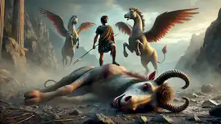 Bellerophon se tient victorieux au-dessus de la Chimère vaincue, avec Pégase à ses côtés, tandis que le ciel s'éclaircit après la bataille.