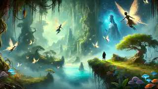 Königreich der Feen: Eine mystische Insel, umhüllt von Nebel, auf der winzige Feen um Liam herumfliegen, während er Königin Aoife trifft. Die Szene ist lebhaft mit detaillierten Texturen, die die ätherischen Feen, die neblige Landschaft und die verzauberte Atmosphäre zeigen.