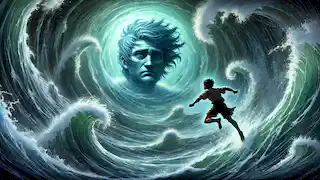Amaru se sumerge en un remolino giratorio, extendiendo la mano hacia una visión llena de tristeza de su padre en las turbulentas aguas.
