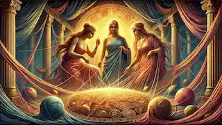Las Moiras, rodeadas de hilos, contemplando el tapiz de las vidas.