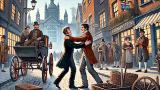 Henry Clerval se reencuentra con Víctor Frankenstein en las bulliciosas calles, al bajar de una carroza.