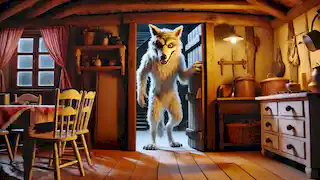 El Lobo está de pie en la puerta, con las patas cubiertas de harina blanca para parecerse a las de la Madre Cabra. Su sonrisa amenazante contrasta con las expresiones temerosas y confundidas de los cabritos.