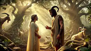 Theron, un sátiro, habla con sinceridad a Callista, una princesa, en un bosque griego bañado por la luz del sol.