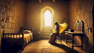 Una joven con largo cabello dorado canta en una habitación en una torre, con su cabello fluyendo por la ventana.