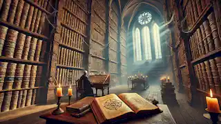 Heinrich estudia el diario del alquimista en una biblioteca tenuemente iluminada, repleta de libros polvorientos y telarañas.