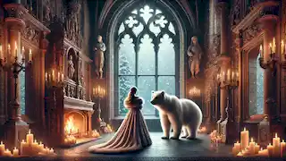 Dentro de un palacio, la princesa y el oso blanco están junto a una ventana, mientras la nieve cae afuera y un cálido fuego brilla.