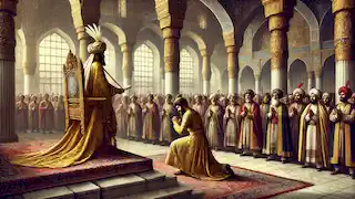 El visir recibe honores del shah en la gran corte, mientras los espectadores celebran sus logros.