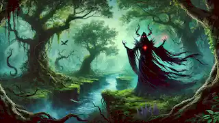 Nyxara, una oscura hechicera, extiende su magia de sombras, transformando el exuberante bosque arcadiano en una ominosa tierra de sombras.