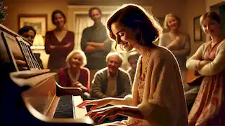 Frances toca el piano con calma, sonriendo, rodeada de amigos y familiares en una sala de estar cálida y acogedora.