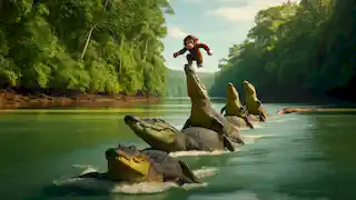 El ciervo saltarín (Kancil) brinca sobre las espaldas de los cocodrilos, formando un puente a través del río.