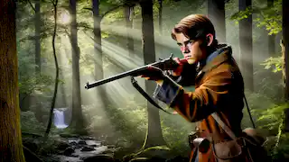 El joven Davy Crockett apuntando con su rifle en los densos bosques de Tennessee, aprendiendo a cazar.