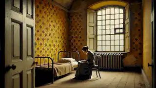 Uma mulher está sentada ao lado de uma janela, escrevendo secretamente em seu diário, em um quarto com papel de parede amarelo descascando.