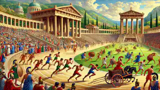 Atletas compitiendo en diversas disciplinas deportivas en el primer Juegos Olímpicos en un antiguo estadio griego.